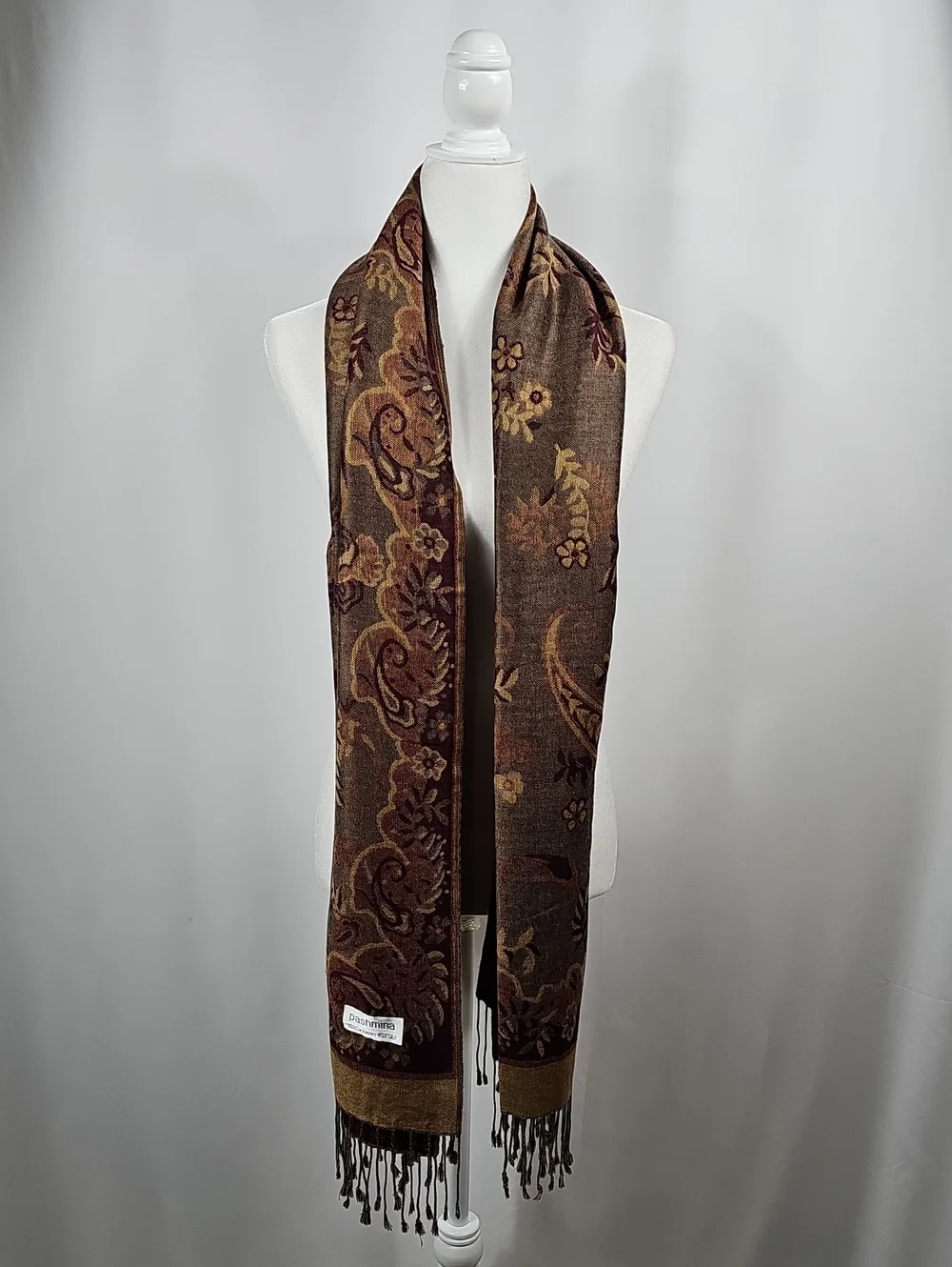 Cashmere Silk Pashmina Scarf Brown Paisley Floral Fringe Wrap Shawl Festival